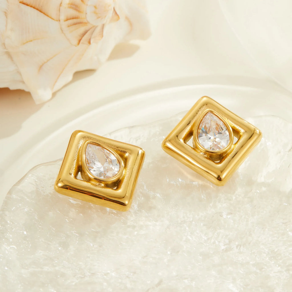 Geometric gold stud earrings with water drop zircon stones on stainless steel