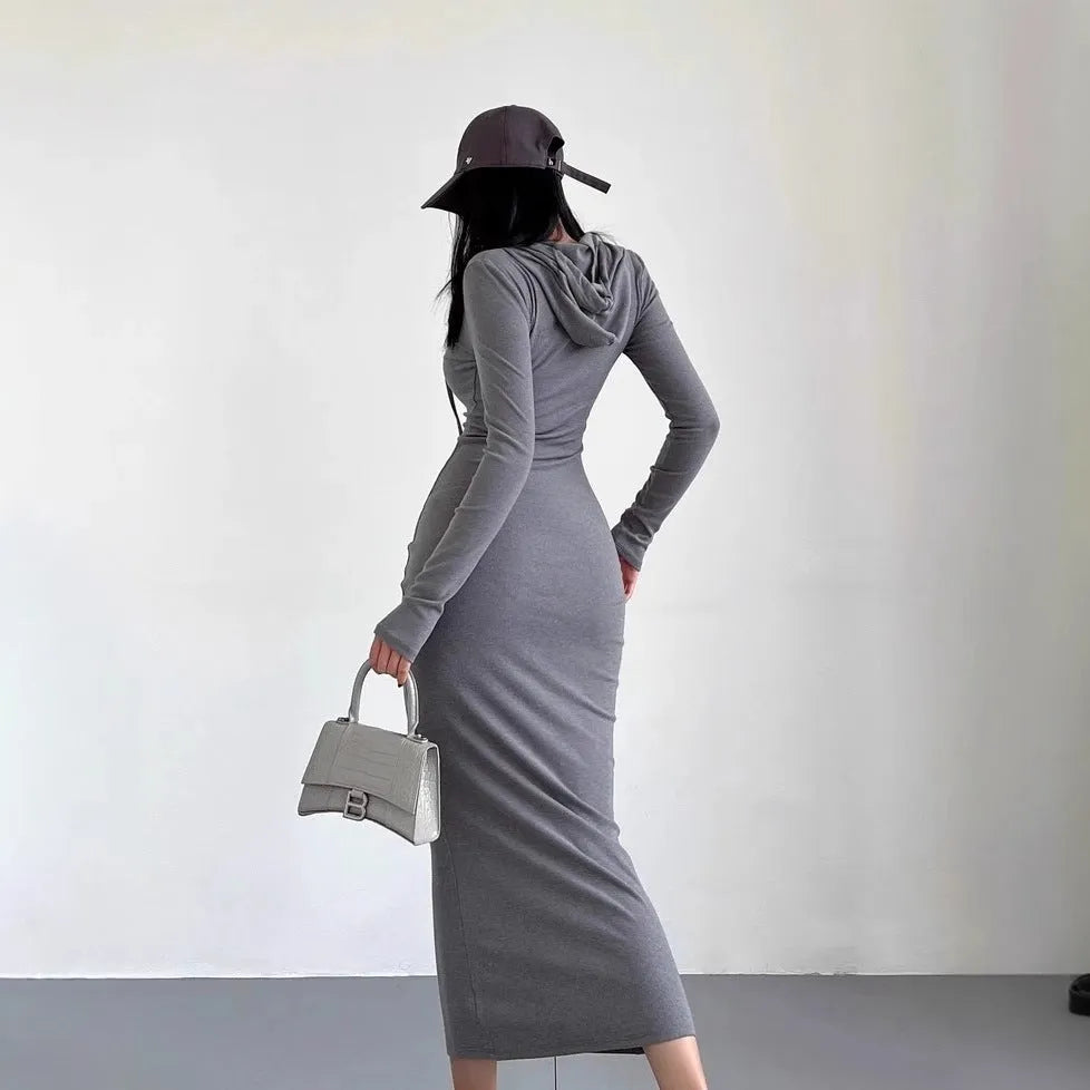 Women's long sleeve hooded sheath dress in light grey, a pullover style with a high waist.