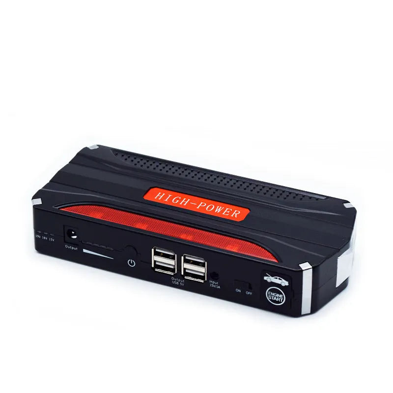 Black and red vehicle emergency starting power supply unit measuring 178x80x30mm with 7800mAh capacity