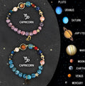 Two natural stone beaded bracelets with zodiac sign designs on a neutral background