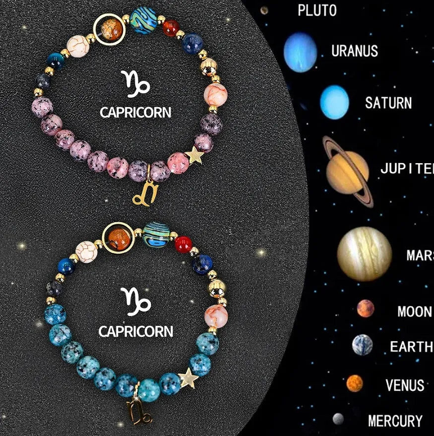 Two natural stone beaded bracelets with zodiac sign designs on a neutral background