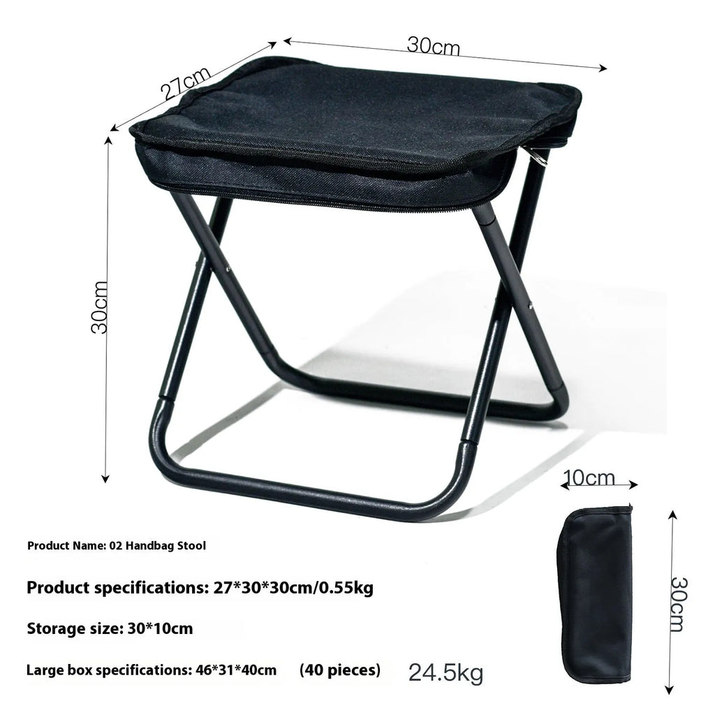 Lightweight foldable outdoor camp chair stool in oxford cloth, shown in khaki colour, folded and unfolded.