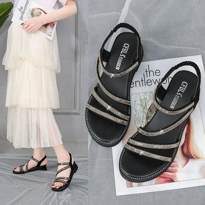 Women's Korean-style flat sandals with rhinestone decoration and non-slip rubber sole in gold colour