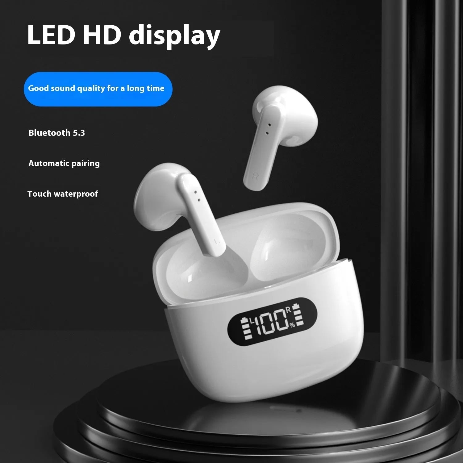 Digital TWS four generation Bluetooth headset in white with earbuds and charging case