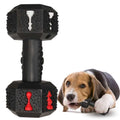 Durable dumbbell-shaped dog chew toy with hollow ends for treats in black or blue colour options