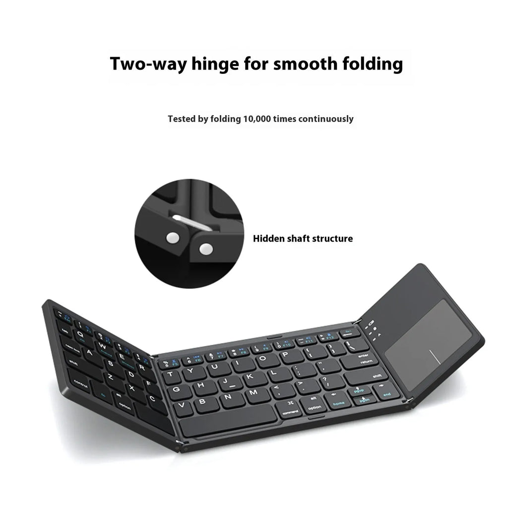 Black tri-fold Bluetooth keyboard shown open next to folded size comparison