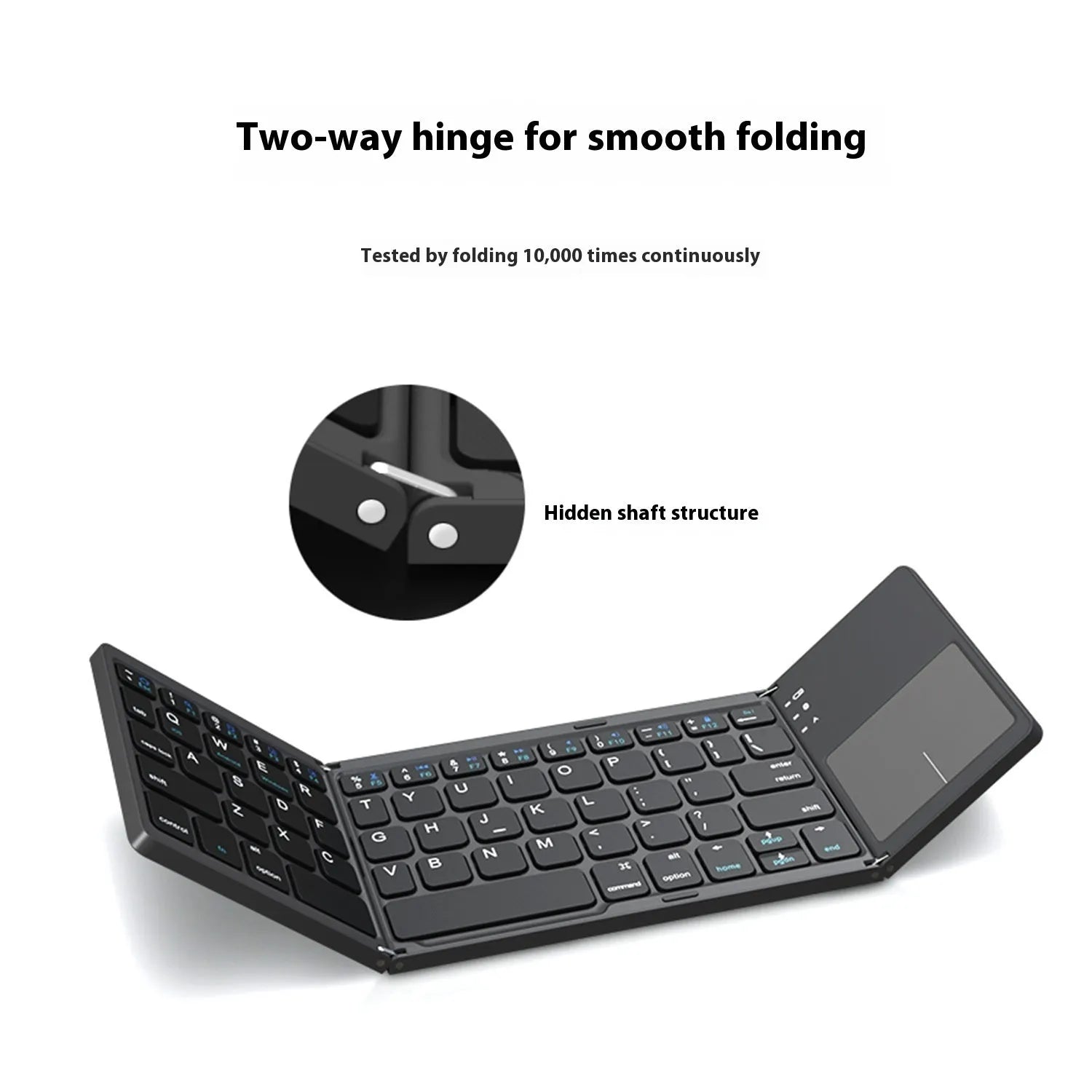 Black tri-fold Bluetooth keyboard shown open next to folded size comparison