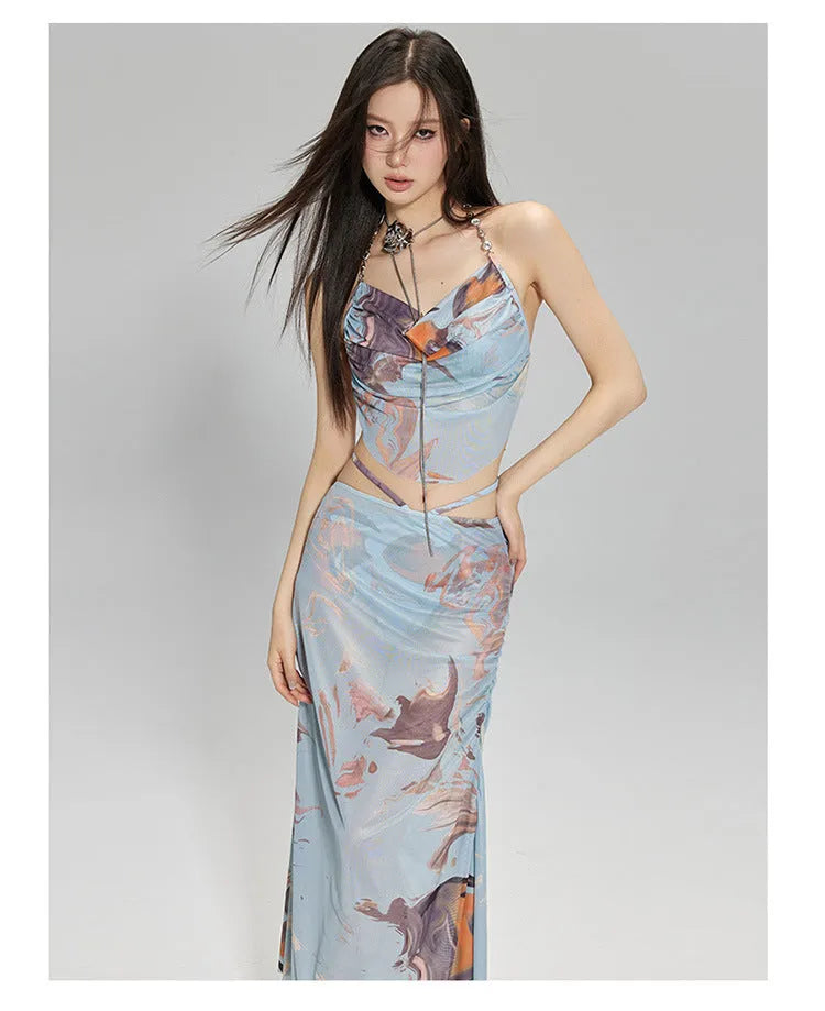 Blue three-piece diamond chain split bikini with backless design for hot spring wear