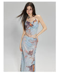 Blue three-piece diamond chain split bikini with backless design for hot spring wear