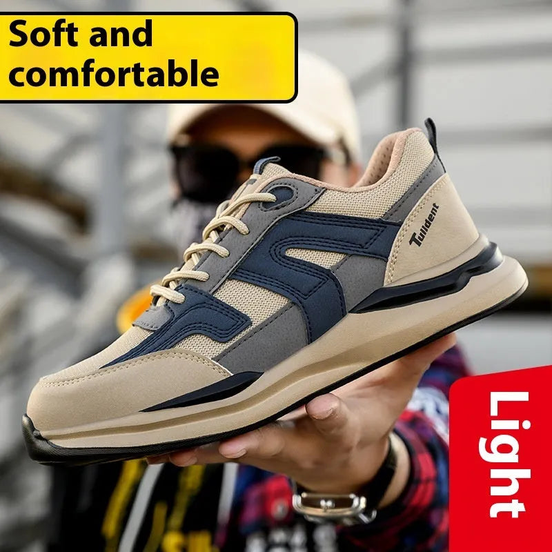 Summer breathable safety shoes for men cow leather khaki anti smashing anti stabbing low cut work shoes