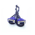 Black VGA cable with blue moulded connectors and nickel-plated terminals for computer monitor connections