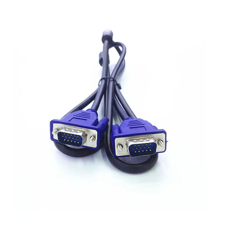 Black VGA cable with blue moulded connectors and nickel-plated terminals for computer monitor connections