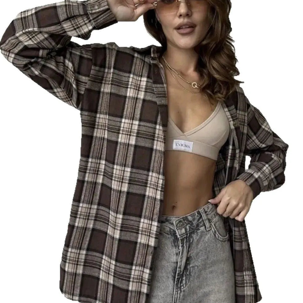 Dark brown retro striped women's long sleeve cotton shirt shown on a hanger.