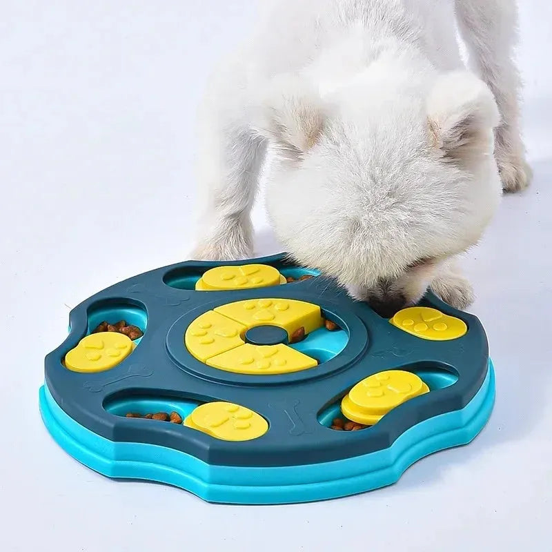 Blue dog puzzle feeder toy with sliding panels for food, measuring 24x24 cm