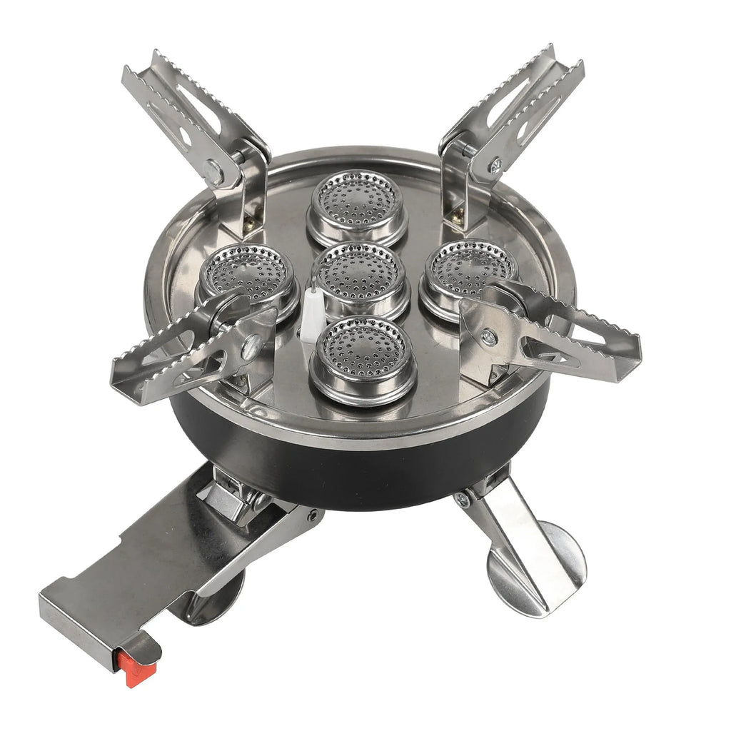 Silver portable split stove for outdoor camping, shown with a foldable design and hose.