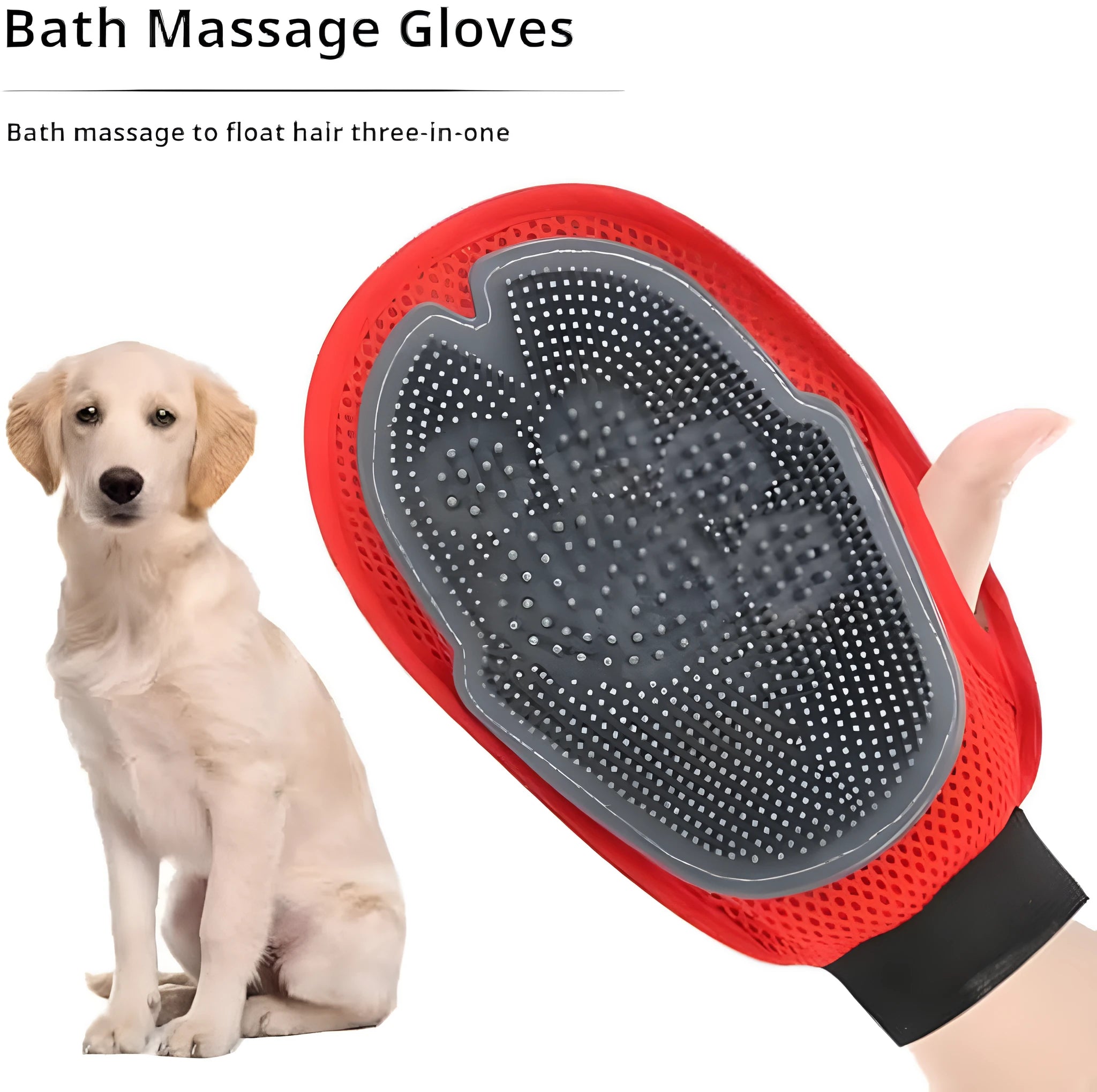 Red pet bathing glove combining brush and glove design for dog and cat grooming