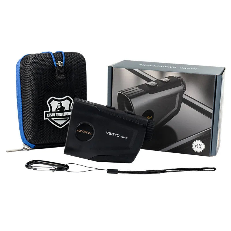 Golf laser rangefinder with LCD display showing distance measurement and slope adjustment function