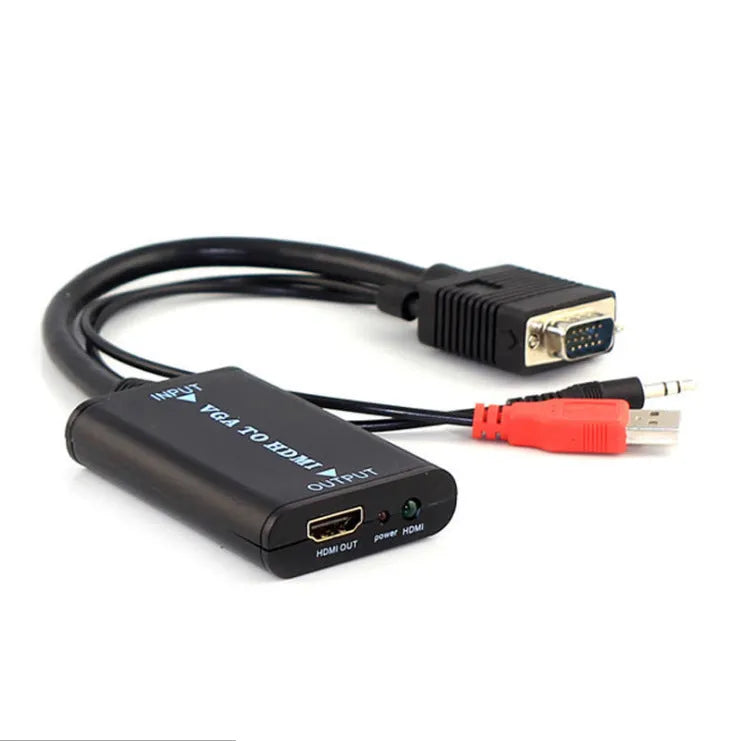 Black VGA to HDMI female converter with USB cable for audio support and power