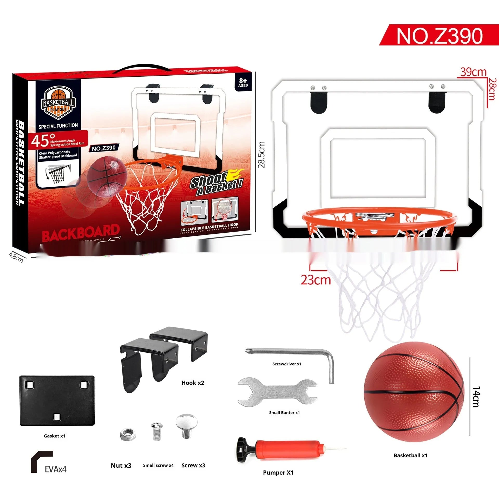 Red and blue folding basketball frame with dunk scoring markings and suction cup mounting system