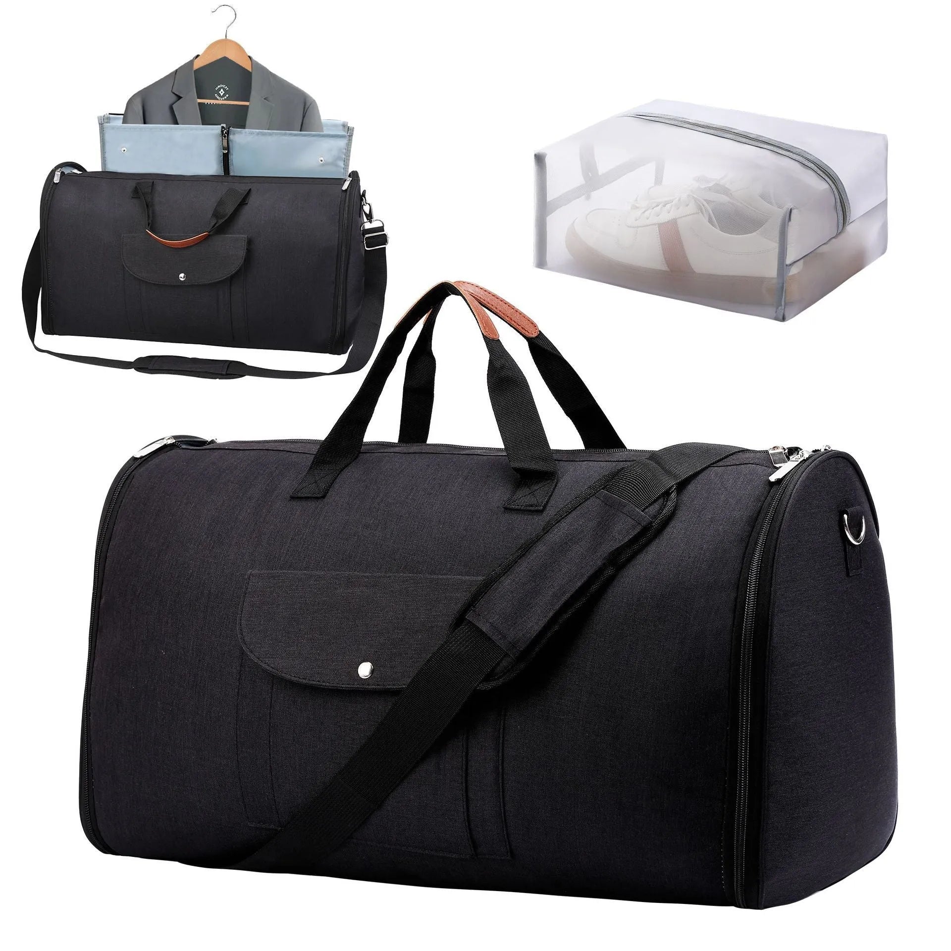 Folding Oxford cloth duffel bag in dark blue, grey, and black colours with 36-55 litre capacity