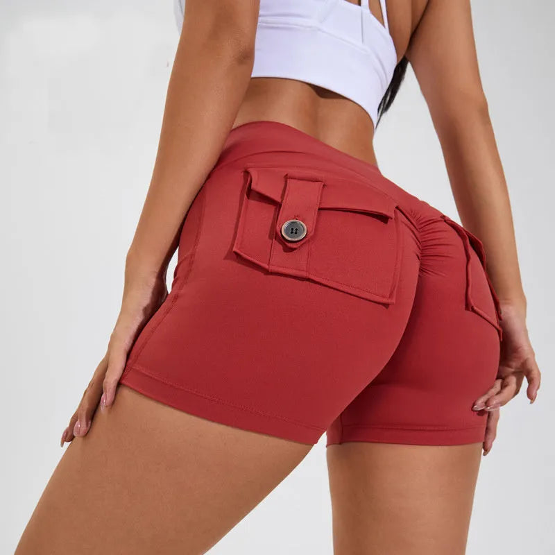 Women's high waist hip lifting sports shorts with pockets in avocado green colour
