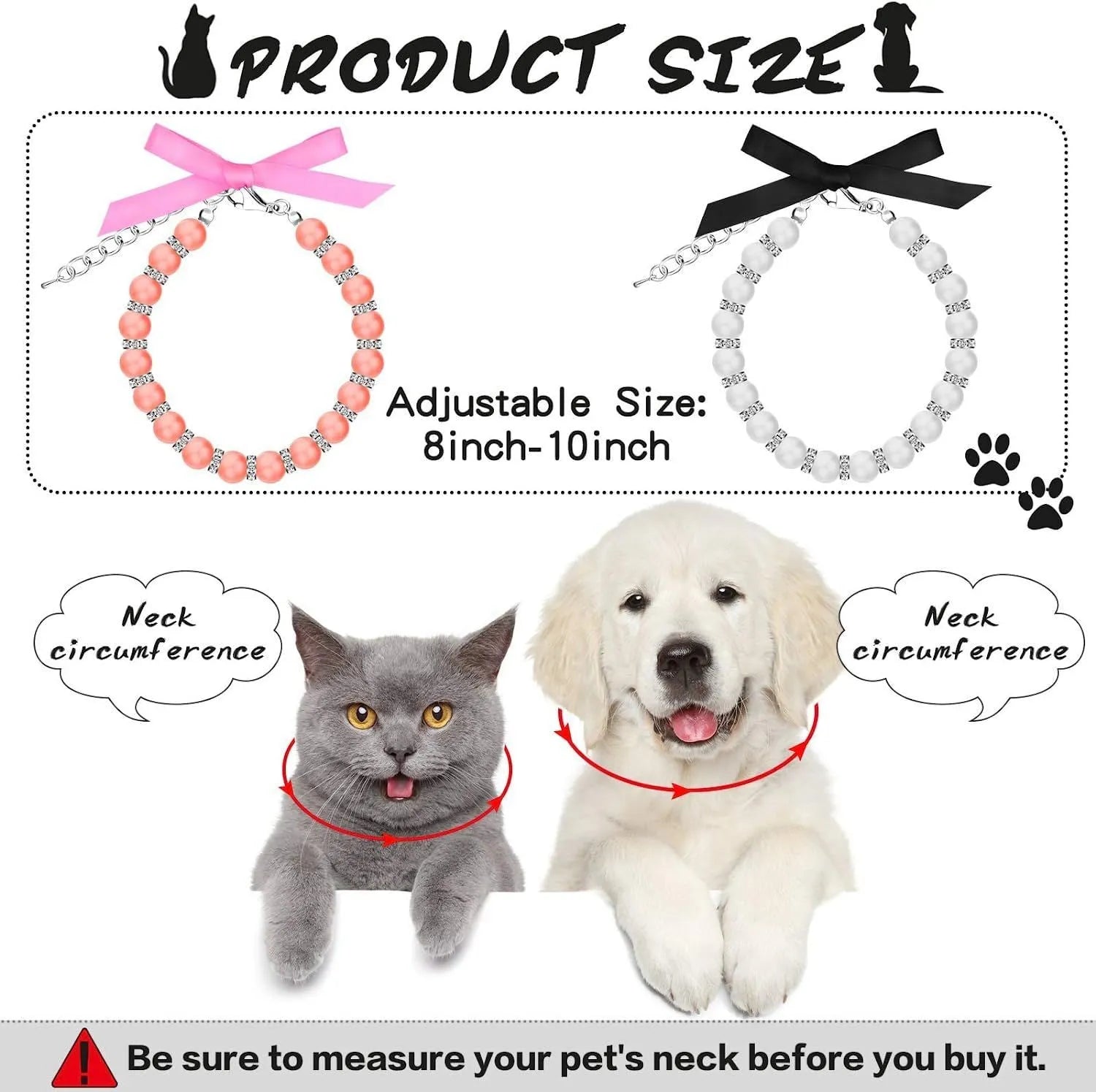 Small dog wearing a blue adjustable pearl and rhinestone necklace collar with a ribbon bow.