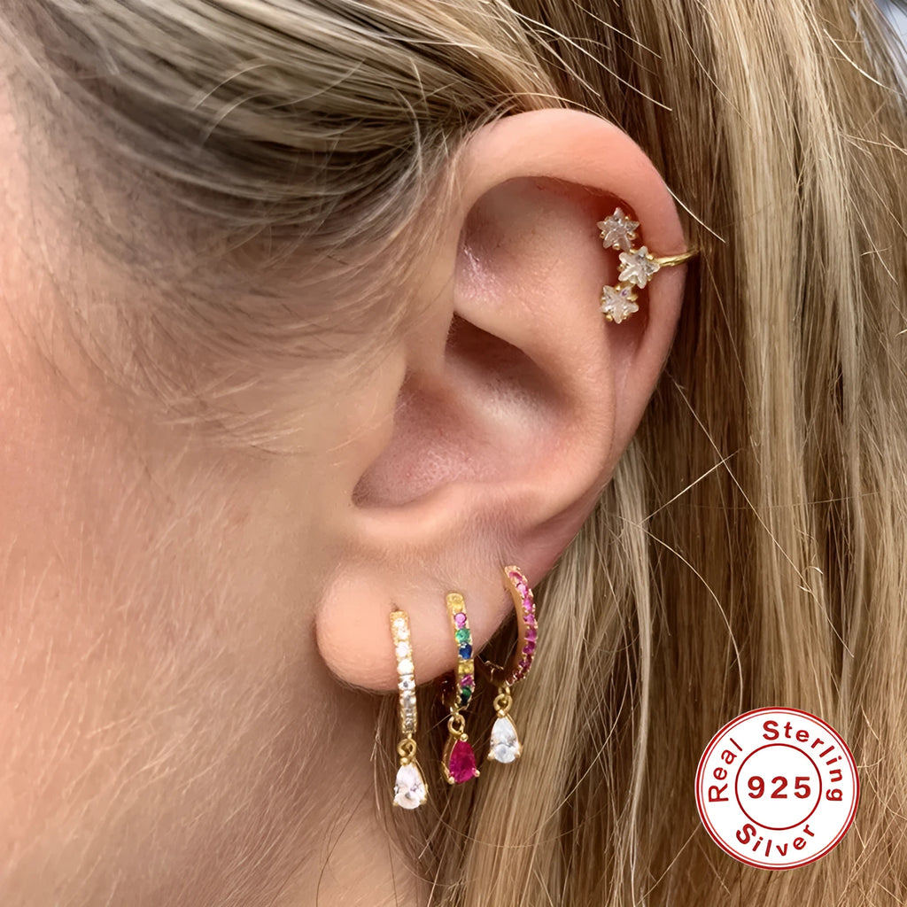 S925 sterling silver geometric water drop earrings with electroplated finish and decorative stone inlay.