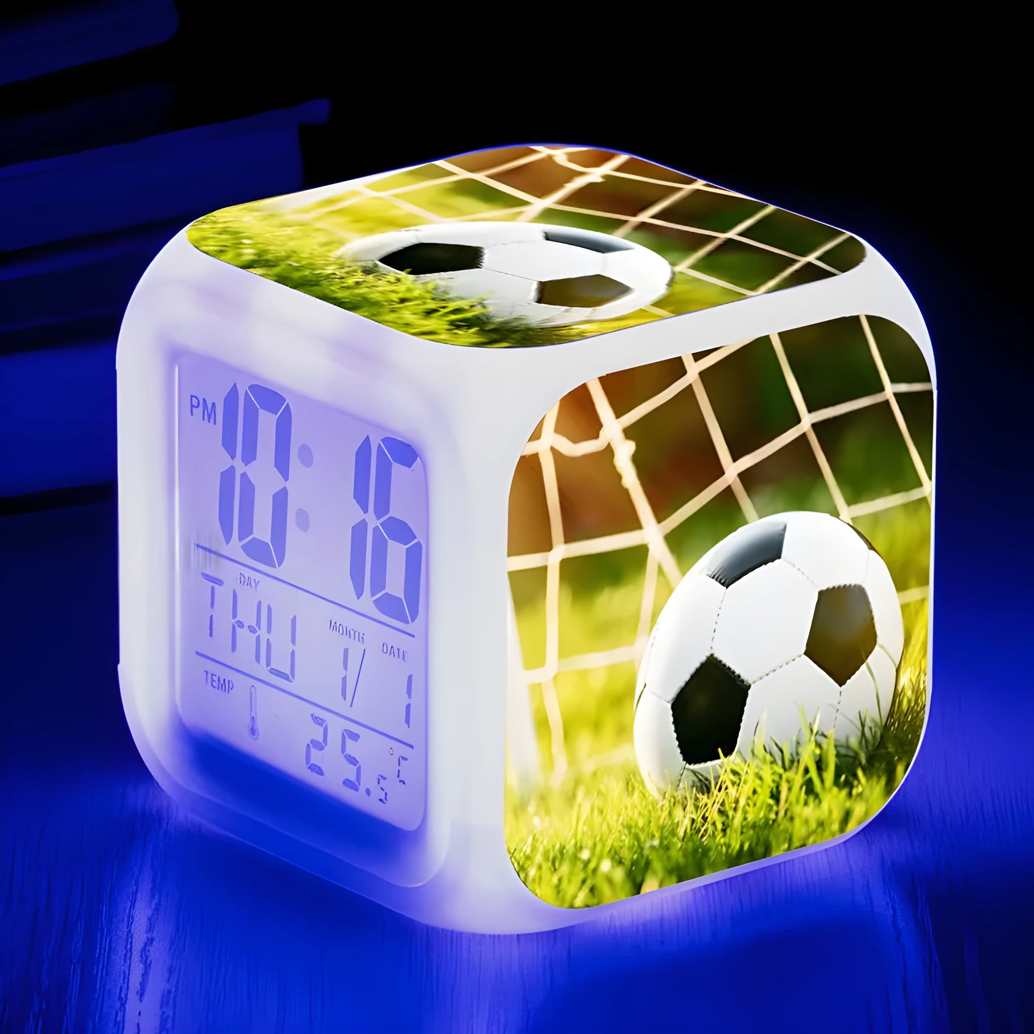 Football pattern digital alarm clock with cartoon design and mute alarm function