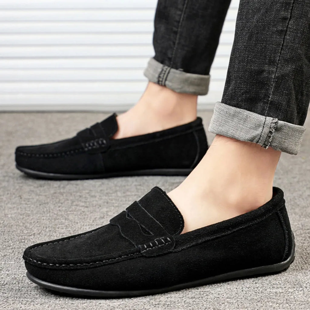Men's suede slip-on loafers in solid colours with round toe and flat rubber sole