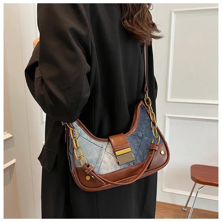 Brown denim women's shoulder bag with diamond mesh detail and chain straps