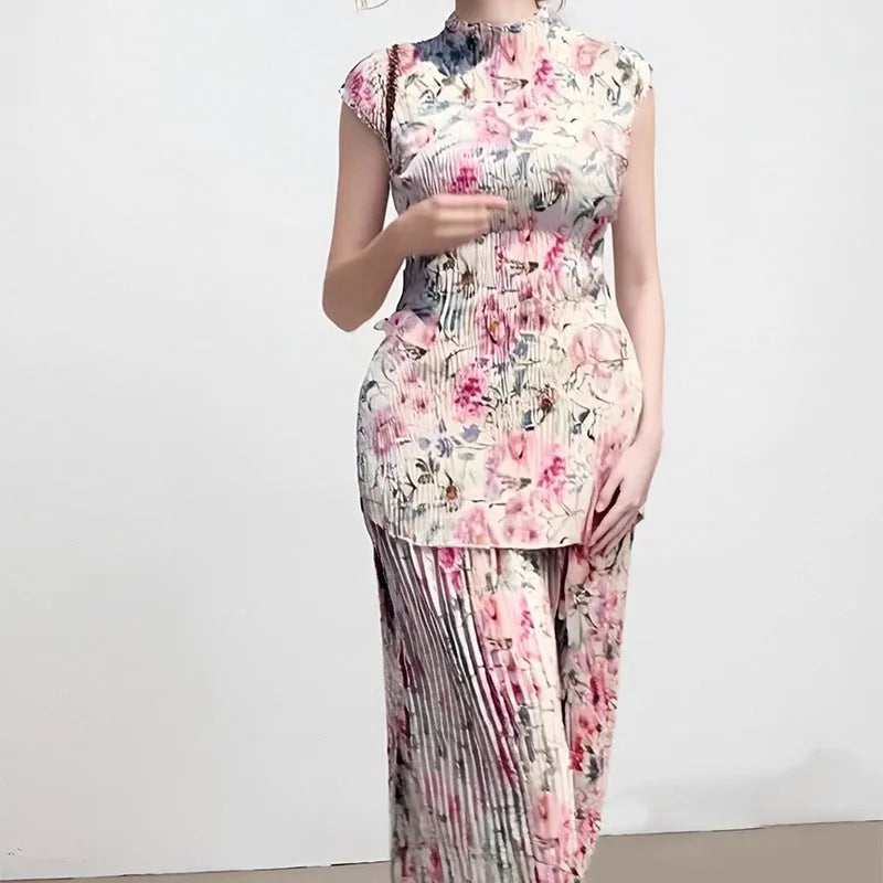 Long sleeve printed chiffon dress with high waist design in picture colour pattern