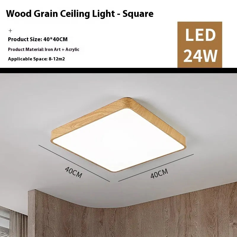 Nordic style square LED light with wood grain finish and iron frame in three size options