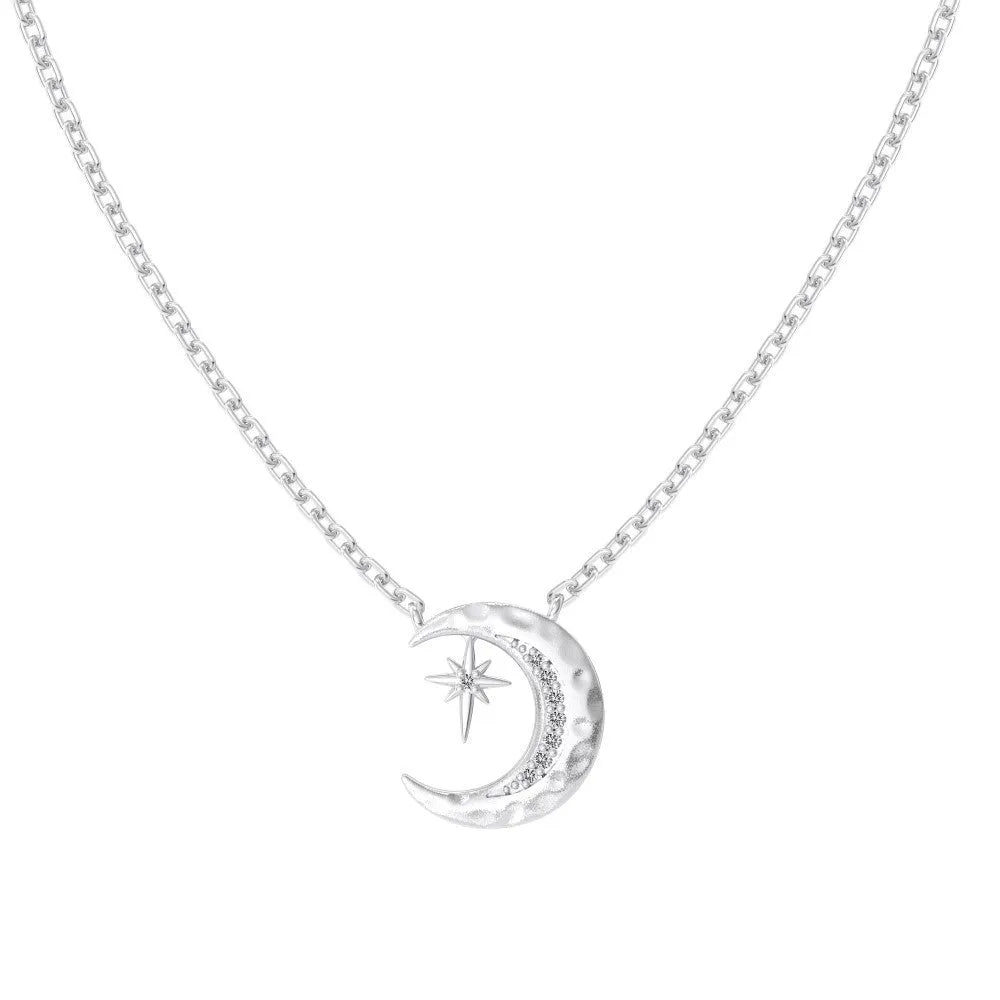 S925 sterling silver necklace with moon pendant on clavicle chain, available in gold, platinum, and silver