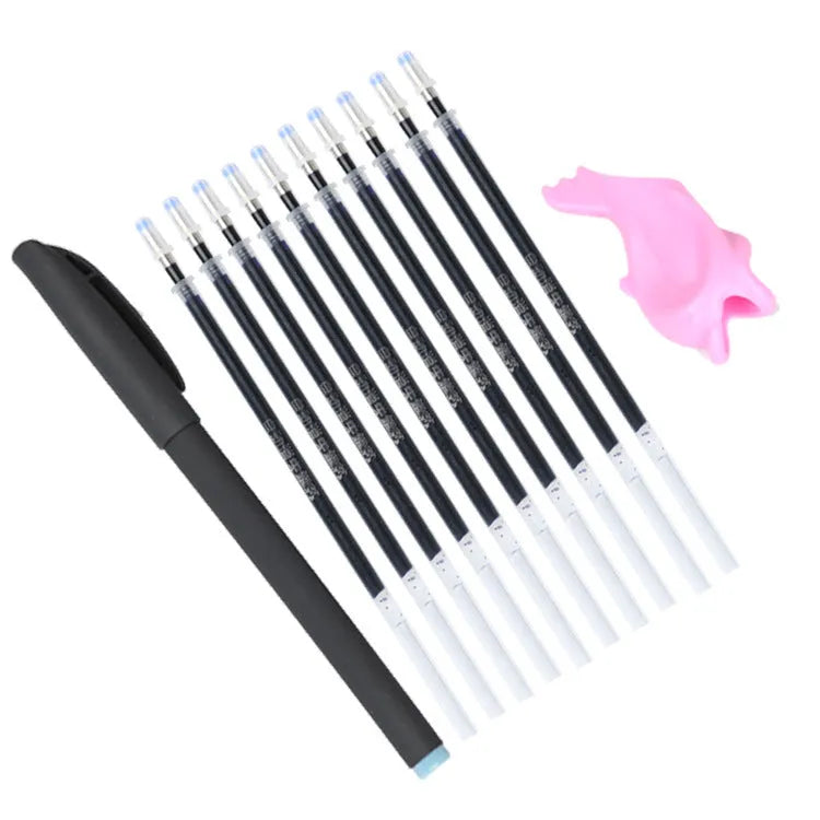 Blue fading ink pen set with 0.5mm tip, eight refills, and plastic pen body measuring 130mm