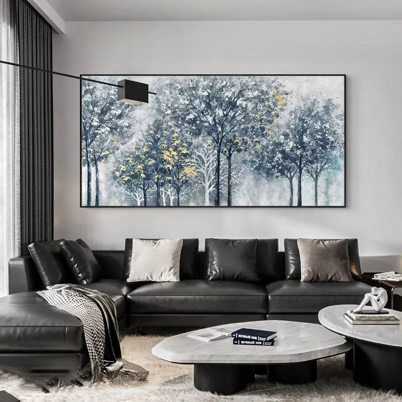 Handmade abstract silver-gray blue golden forest tree texture oil painting on canvas horizontal