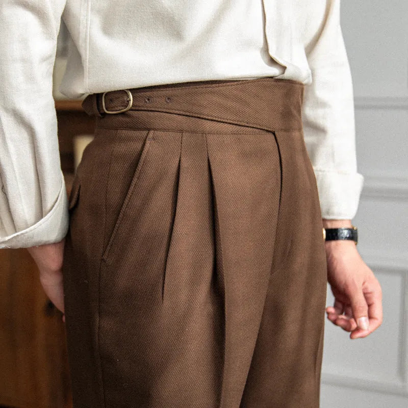 Men's high waist straight leg casual trousers in black, brown, khaki, or white.