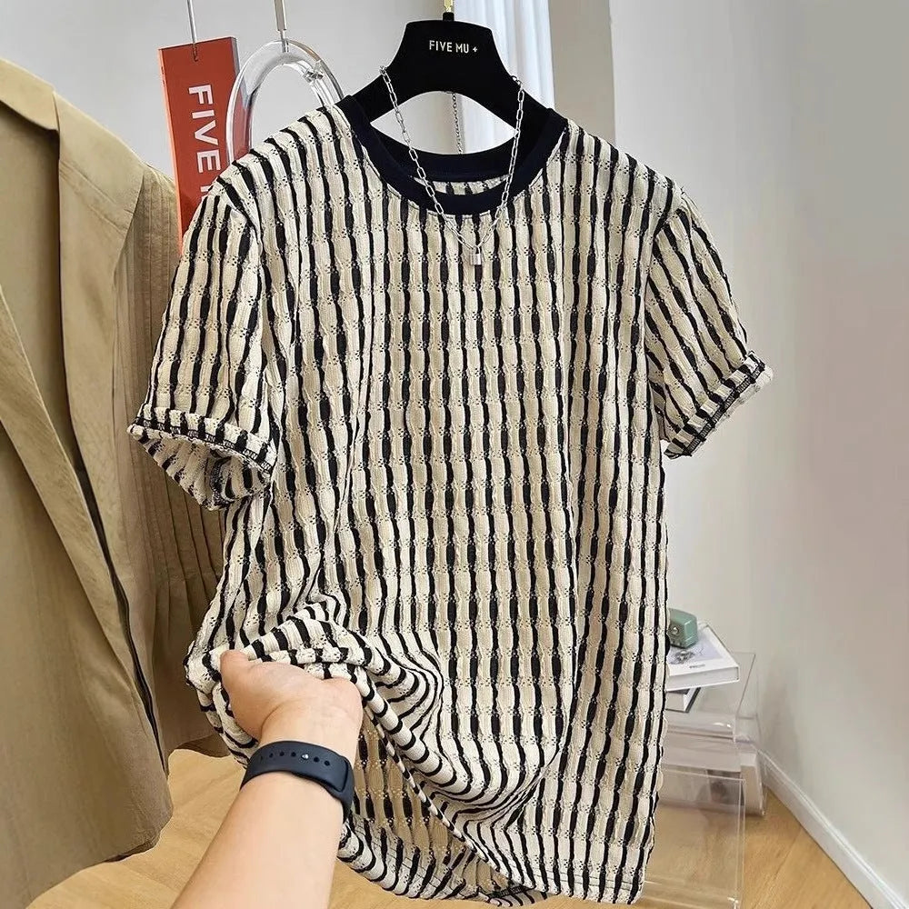 Men's black striped casual shirt with short sleeves and loose fit