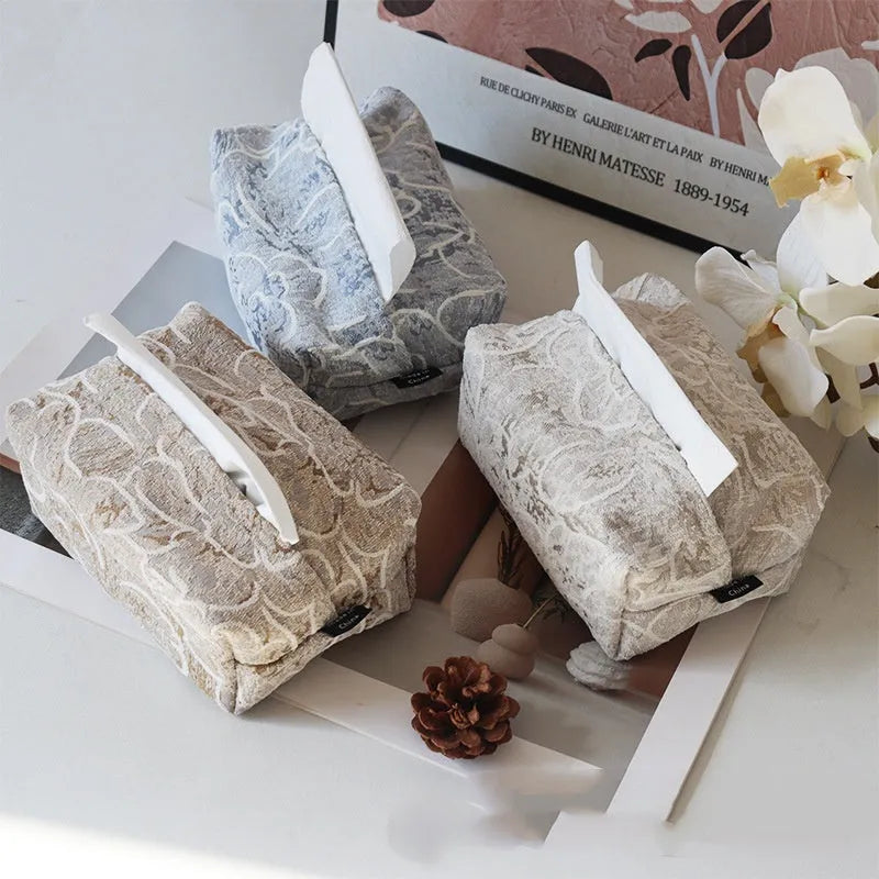 Chinese style floral cotton tissue box cover in beige, blue, or brown for living room