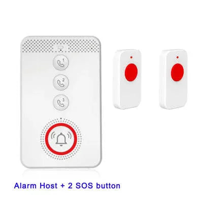 White emergency alert system with one central buzzer unit and three separate call buttons.