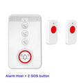 White emergency alert system with one central buzzer unit and three separate call buttons.