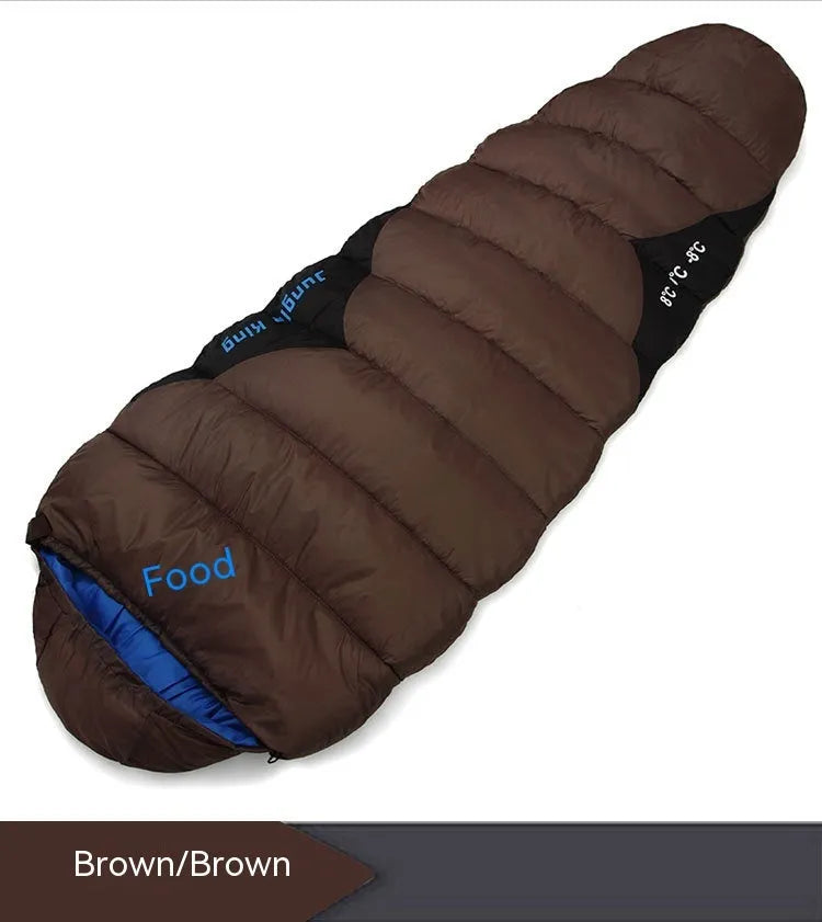 Mummy-style camping sleeping bag in army green, shown compressed in its storage sack and laid out fully.
