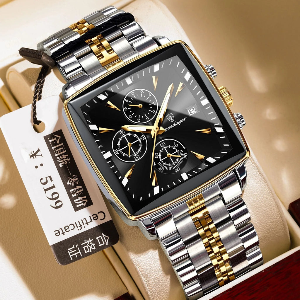 Square men's business quartz watch with stainless steel strap and mineral glass