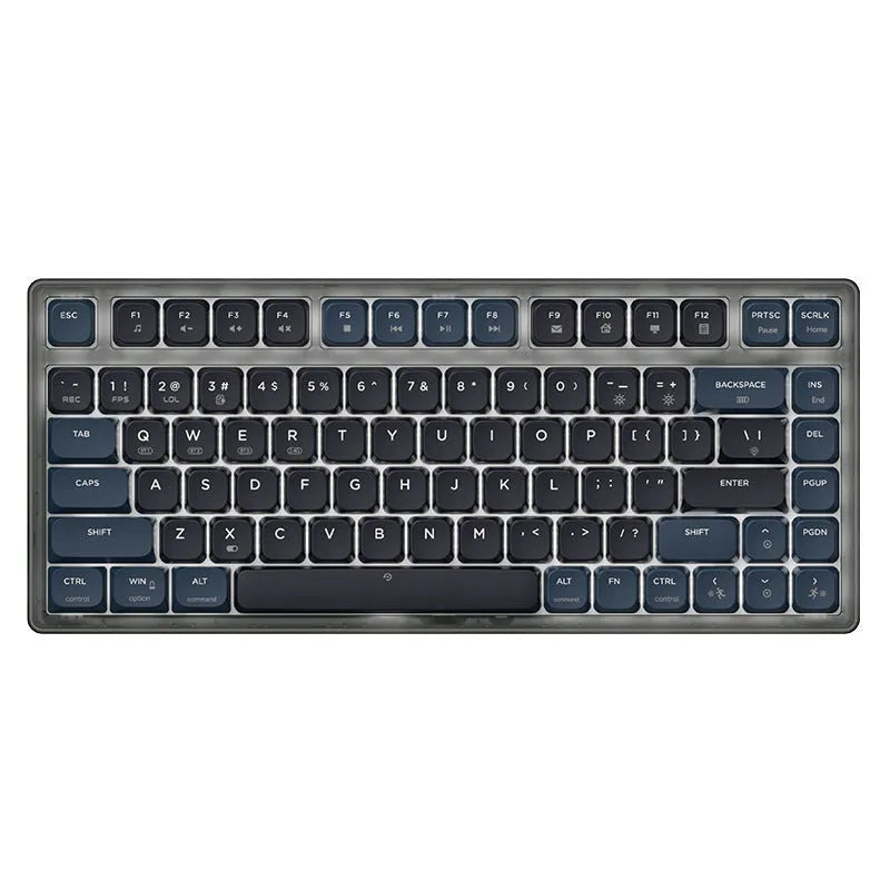 AJAZZ AK832PRO mechanical keyboard with colour screen showing blue lighting on PBT keycaps