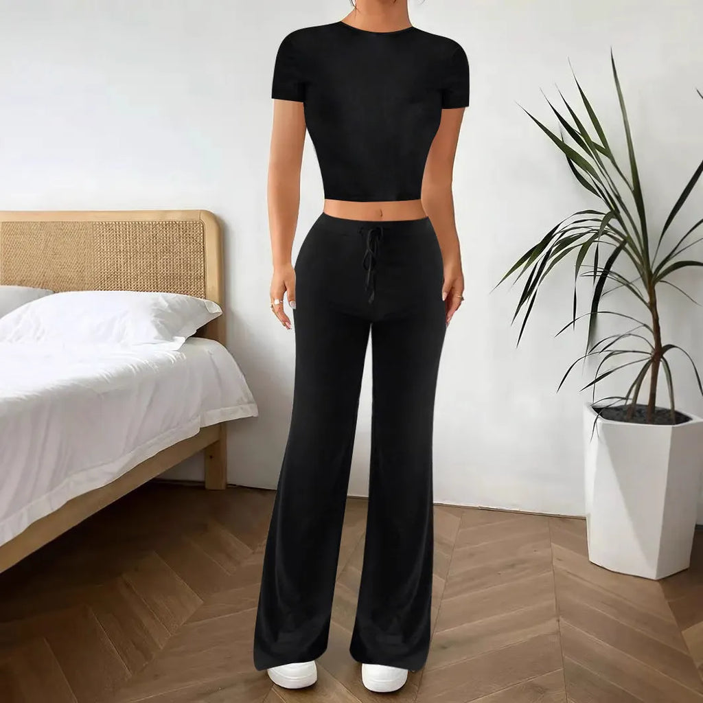 Black women's polyester high waist trouser and short sleeve t-shirt suit set