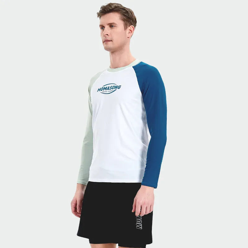 Men's white long-sleeve swim top with matching blue swimming trunks set for water sports