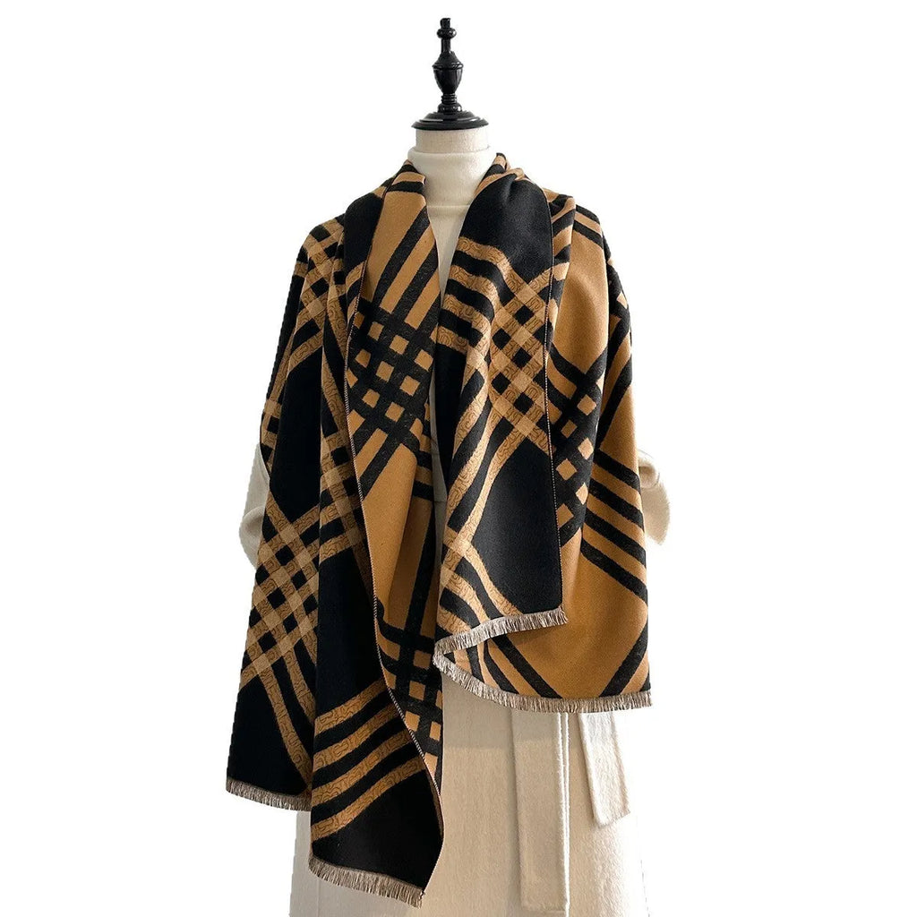Long brown imitation cashmere scarf with tassel ends laid flat showing its full 185cm length.