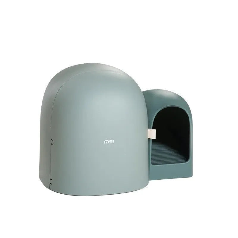 Fully enclosed oversized cat litter box in ABS plastic, shown in aurora white, moss green, and milk tea colour options.