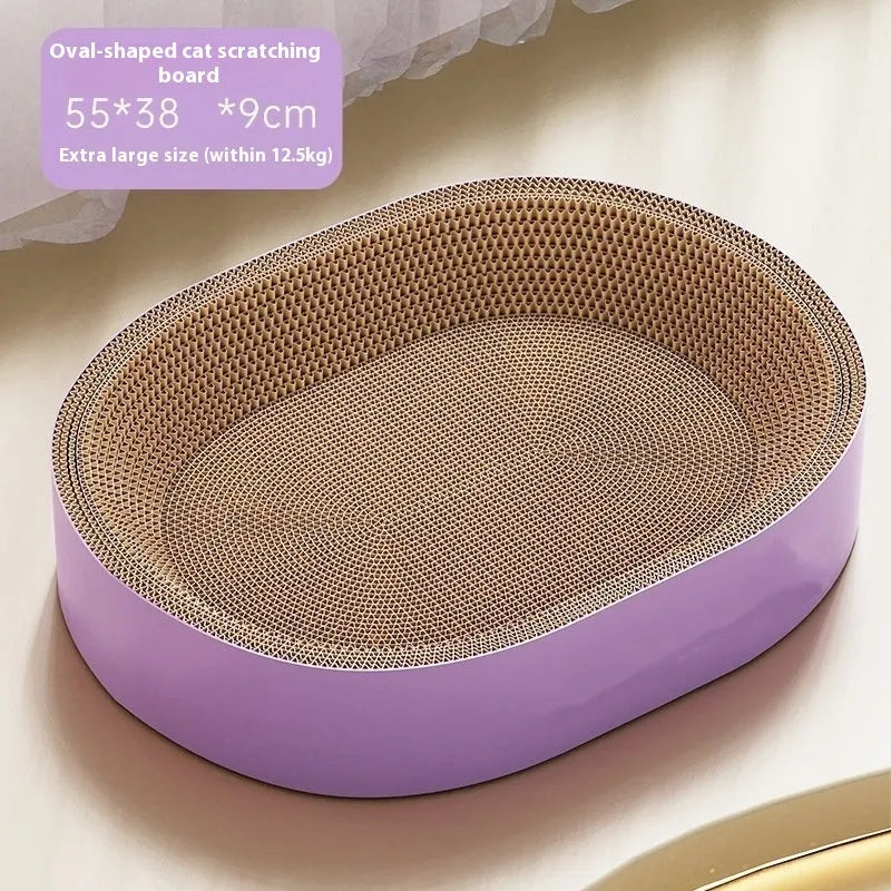 Large green oval corrugated paper cat scratch board serving as a nest for a cat.