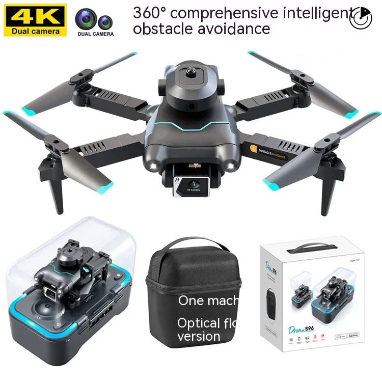 Black S96 obstacle avoidance drone with four-axis design and camera, measuring under 30cm for aerial photography