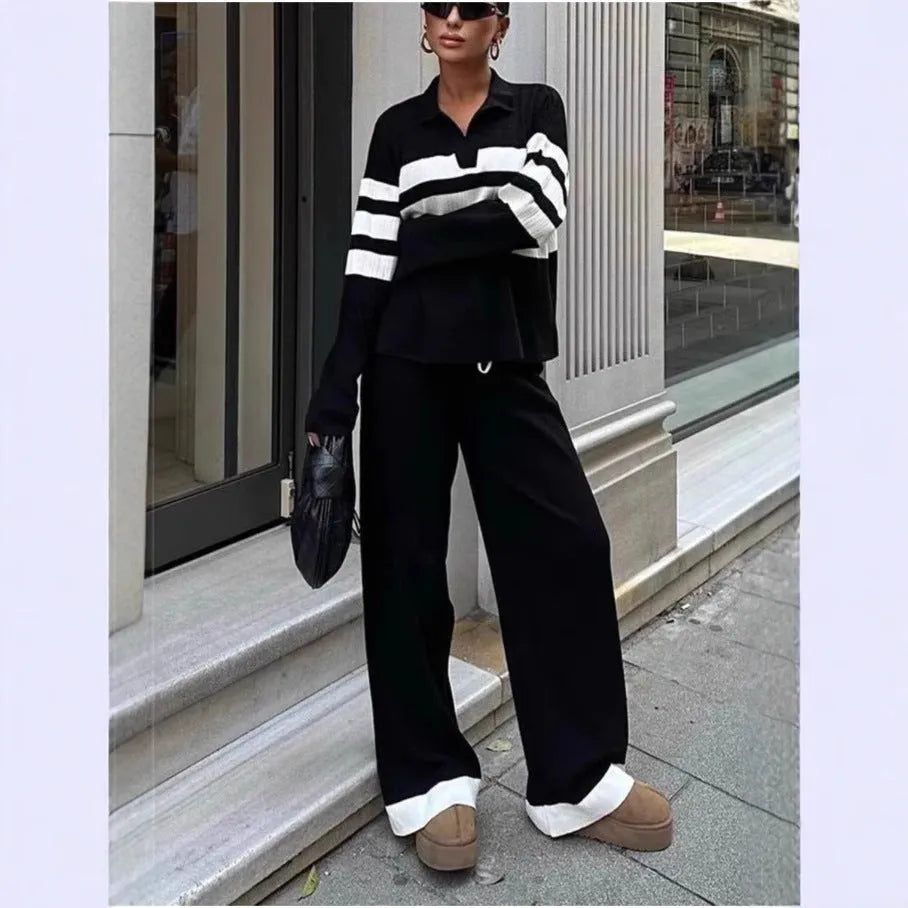 Women's black and white striped knitted polo collar two-piece set with matching trousers